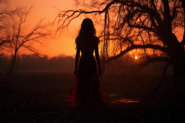 Zdjęcie sylwetka kobiety w czerwonej sukience stojącej na polu przy zachodzie słońca