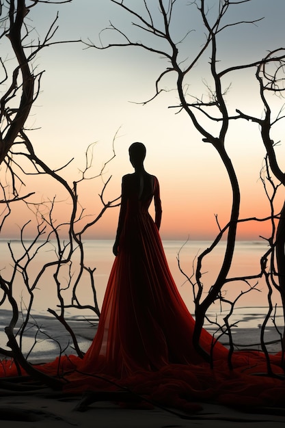 sylwetka kobiety w czerwonej sukience stojącej przed nagimi drzewami
