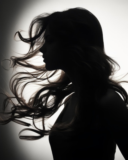 sylwetka kobiety z długimi włosami rozwiewanymi na wietrze