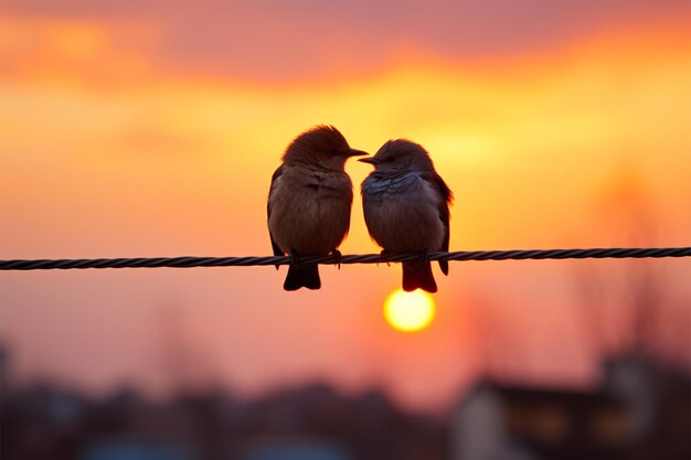 Sylwetka kochającej pary ptaków na drutach na tle malowniczego zachodu słońca