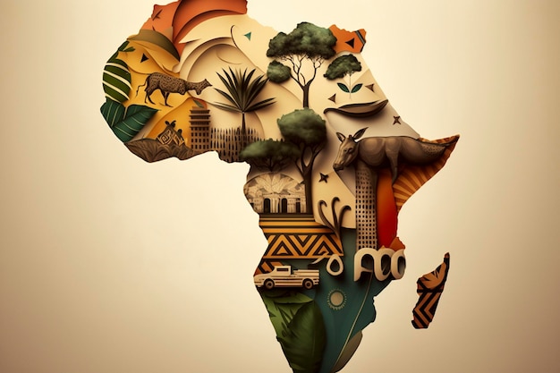 Zdjęcie sylwetka kontynentu afrykańskiego wyizolowana na tle papieru rzemieślniczego z deseniem boho afryka dzień tła z wyciętym starym papierem ai generatywnym