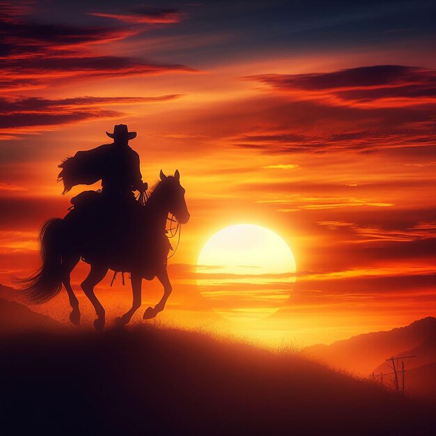 sylwetka kowboja jeźdzącego w kierunku zachodu słońca c4d marzycielskie i optymistyczne żywe niebo