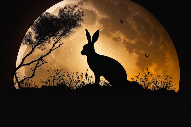 Sylwetka królika na tle księżyca w pełni