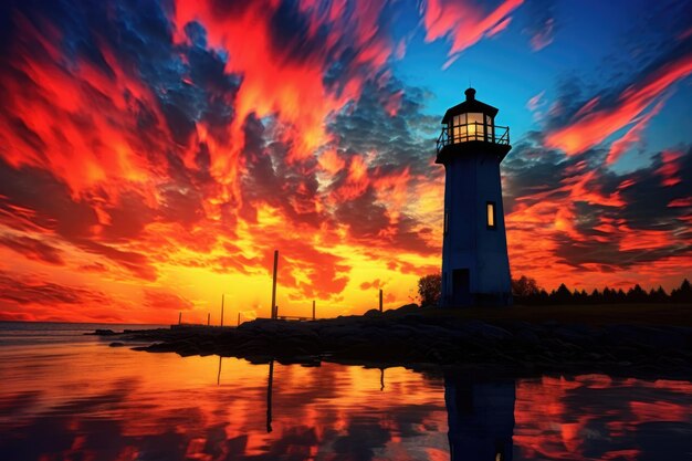 Zdjęcie sylwetka latarni morskiej na tle tętniącego życiem nieba o zachodzie słońca, stworzona za pomocą generatywnej sztucznej inteligencji