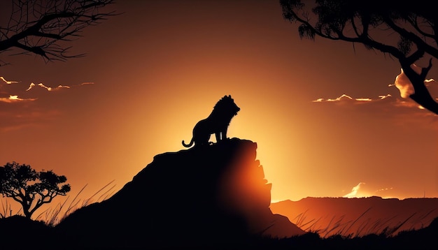 Sylwetka lwa na wzgórzu o zachodzie słońca w generatywnej sztucznej inteligencji sawanny