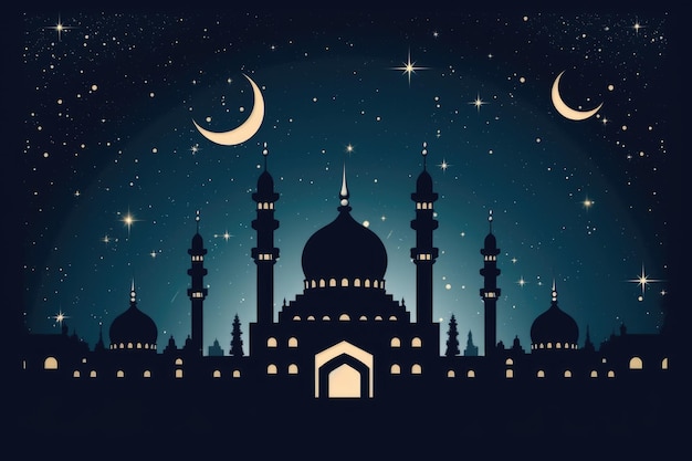Sylwetka meczetu na nocnym niebie z półksiężycem i gwiazdami ramadan Generative AI
