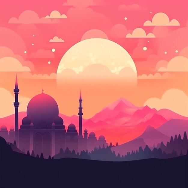 Sylwetka meczetu w widoku zachodu słońca z chmurami i górą 9