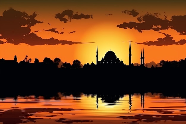 sylwetka meczetu z zachodem słońca z miejsca na kopię