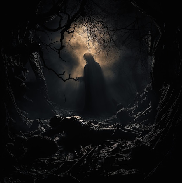 sylwetka mężczyzny i kobiety w ciemnym lesie.