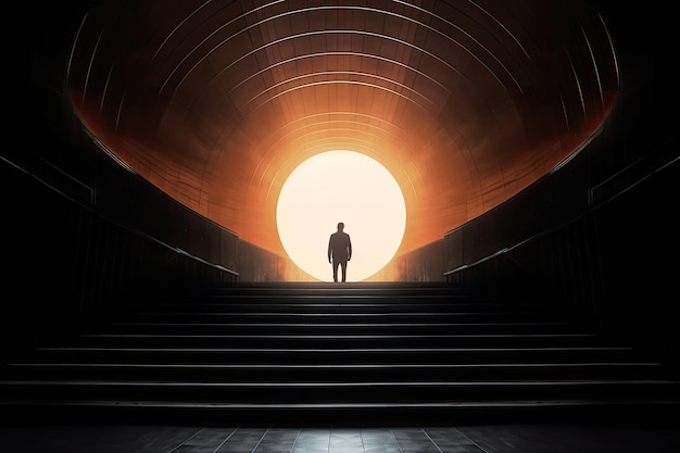 Sylwetka mężczyzny idącego po schodach w kierunku słońca