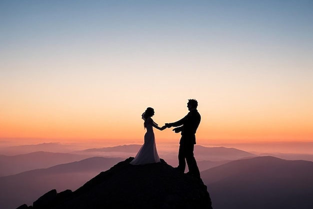 sylwetka mężczyzny prosi kobietę o ślub na górskim tle