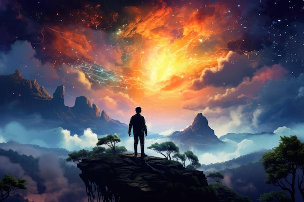 Sylwetka mężczyzny stojącego na krawędzi klifu i patrzącego na fantastyczny krajobraz Przedstaw mężczyznę stojącego na wzgórzu i podziwiającego kolorowe nocne niebo w cyfrowym stylu artystycznym Wygenerowane przez AI