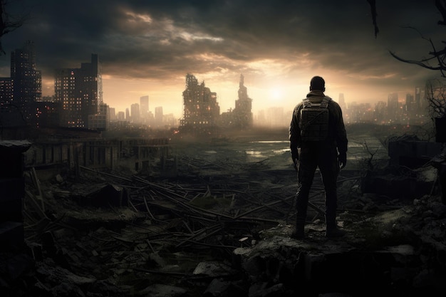 Sylwetka mężczyzny z plecakiem stojącego w środku zniszczonego miasta AI Generateda
