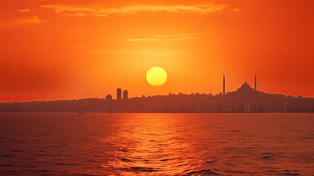 Sylwetka miasta Stambuł na horyzoncie podczas pomarańczowego zachodu słońca nad morzem