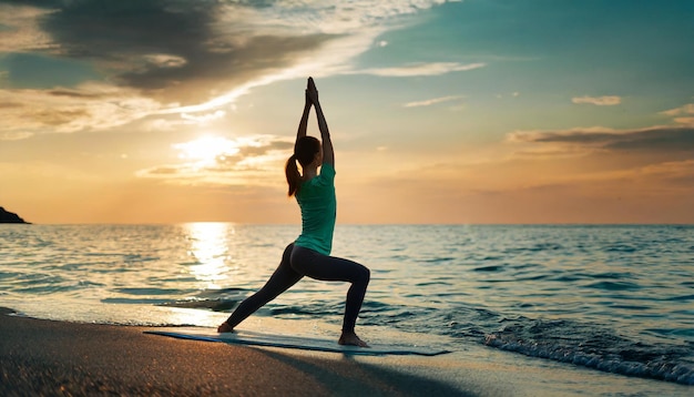 Zdjęcie sylwetka młodej kobiety ćwiczącej jogę nad morzem o zachodzie słońca