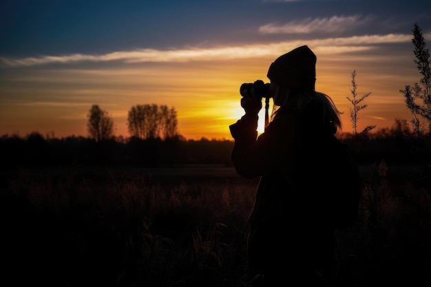 Sylwetka młodej kobiety robiącej zdjęcia o wschodzie słońca stworzona za pomocą generatywnej ai