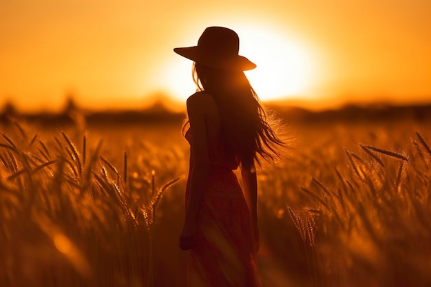 Sylwetka młodej kobiety w kapeluszu, która spaceruje o zachodzie słońca wśród traw pola zbożowego wygenerowanego przez Ai