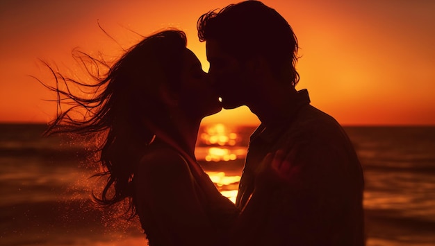 Zdjęcie sylwetka młodej pary całującej się na plaży o zachodzie słońca z wygenerowaną sztuczną inteligencją