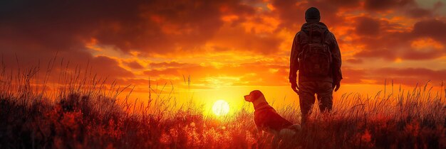 sylwetka myśliwego stojącego z psem na polu o zachodzie słońca jesienią na polowaniu w dzikiej przyrodzie