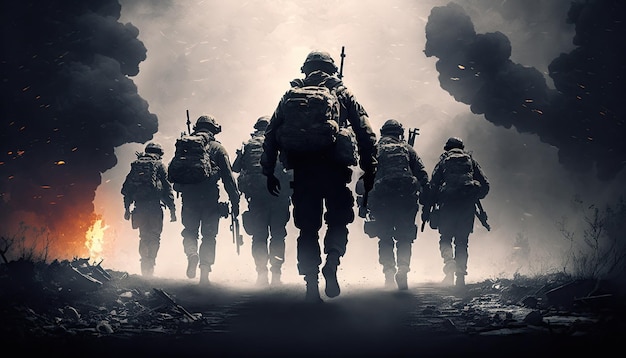 Sylwetka oddziału uzbrojonych żołnierzy na tle zachodu słońca na polu bitwy Generacyjna sztuczna inteligencja