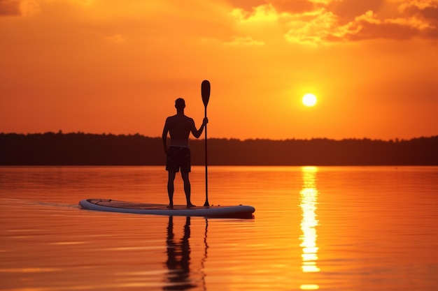 Sylwetka osoby paddleboardingu o wschodzie lub zachodzie słońca latem