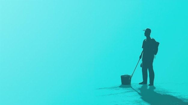 Sylwetka osoby sprzątającej na minimalistycznym niebieskim tle