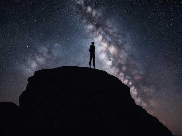 Zdjęcie sylwetka osoby stojącej na skale na tle drogi mlecznej i księżyca