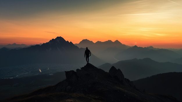 Sylwetka osoby stojącej na szczycie wzgórza pod pięknym kolorowym niebem rano Generative AI AIG21