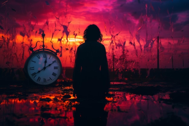 sylwetka osoby stojącej przed zegarem o zachodzie słońca