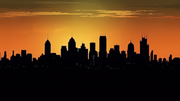 sylwetka panoramy miasta z zachodzącym za nią słońcem.