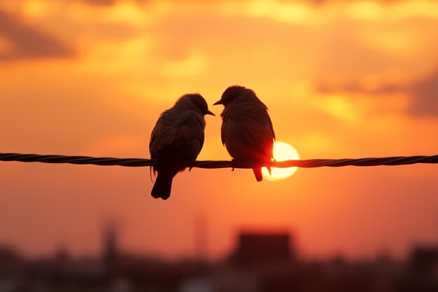 Sylwetka pary ptaków znajduje miłość na drutach na tle płótna zachodów słońca