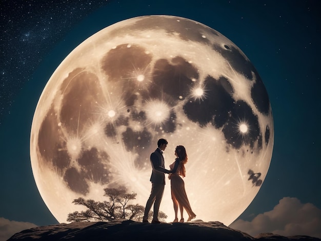 Sylwetka pary wpatrującej się w pełnię księżyca i całującej się