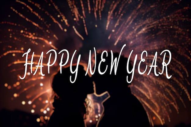 Sylwetka pary z noworocznymi fajerwerkami i tekstem Szczęśliwego Nowego Roku