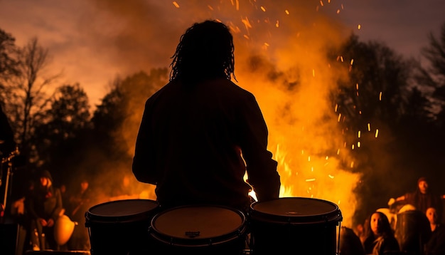 sylwetka perkusisty na ognisku podczas Lohri