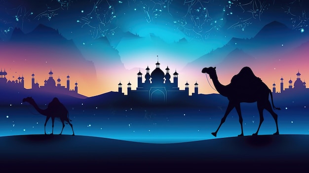 sylwetka pięknego meczetu i wielbłąda na pustyni podczas pięknego nocnego świętowania eid aldha