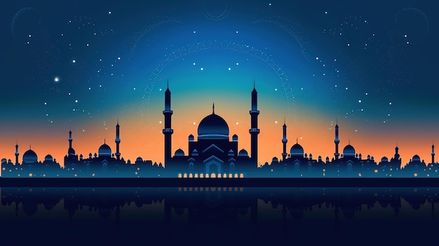 sylwetka pięknego meczetu w pięknym nocnym świętowaniu eid al adha w tle