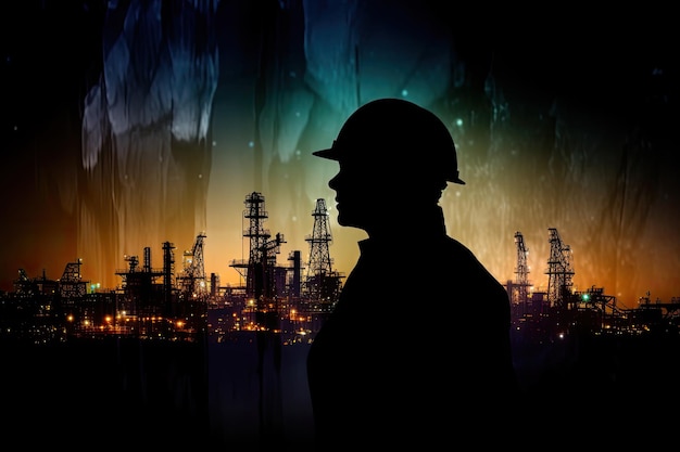 Sylwetka pracownika przemysłowego z rafinerią ropy naftowej jako tło Generative AI