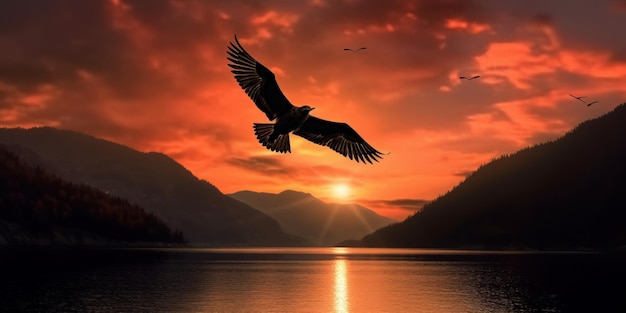 Sylwetka ptaka latającego na tle zachodu słońca z rzeką i górskim krajobrazem Generacyjna sztuczna inteligencja