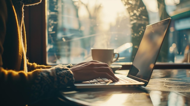 Sylwetka rąk piszących na laptopie na słonecznym tle kawiarni