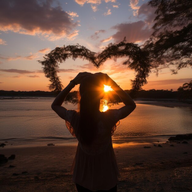 Zdjęcie sylwetka rąk tworzących kształt serca z tłem zachodu słońca
