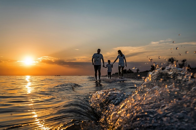 Sylwetka rodziny o zachodzie słońca na plaży