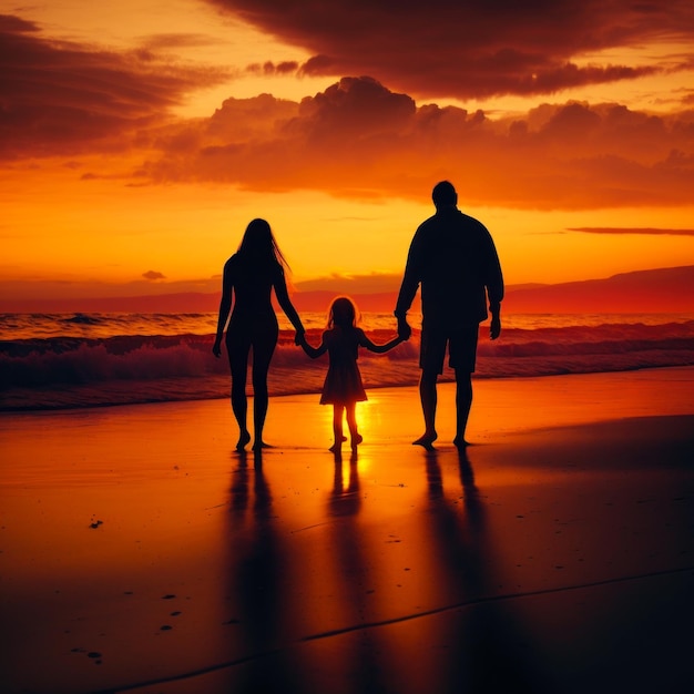 Sylwetka rodziny stojącej na plaży o zachodzie słońca Generative AI