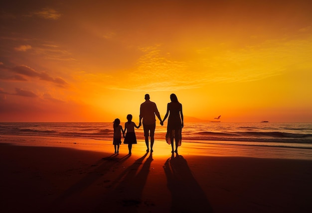 Sylwetka rodziny stojącej na plaży o zachodzie słońca, ojciec, matka, córka, spacer Generative AI