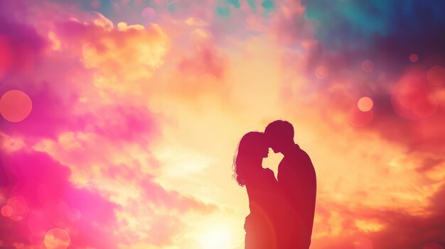 sylwetka Romantyczna para kochanków przytula się i całuje o kolorowym zachodzie słońca na koncepcji miłości w tle