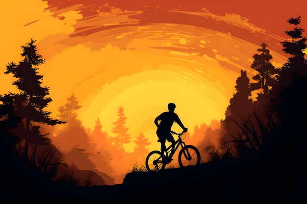 Sylwetka rowerzysty o zachodzie słońca z żółtym niebem i drzewami w tle.