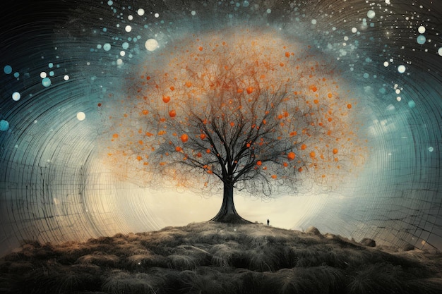 Sylwetka samotnego drzewa Krajobraz fantasy ze starym magicznym drzewem Koncepcja depresji smutku i problemów psychicznych