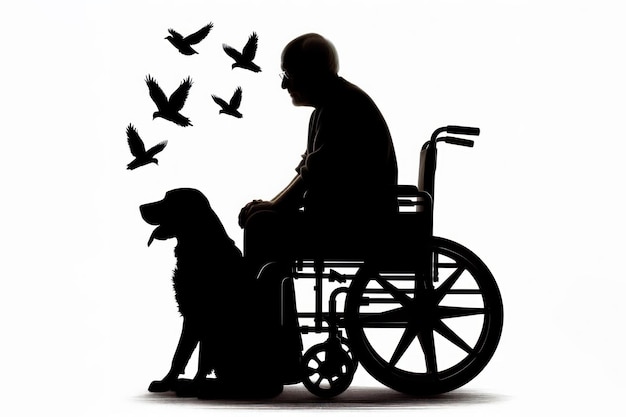 Zdjęcie sylwetka samotny smutny człowiek na wózku inwalidzkim z psem izolowany na białym tle