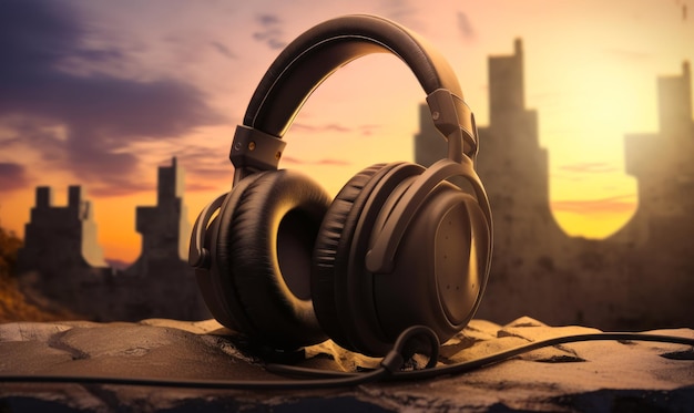 Sylwetka słuchawek na pomarańczowym zachodzie słońca Koncepcja romantycznej muzyki wieczornej Generative AI