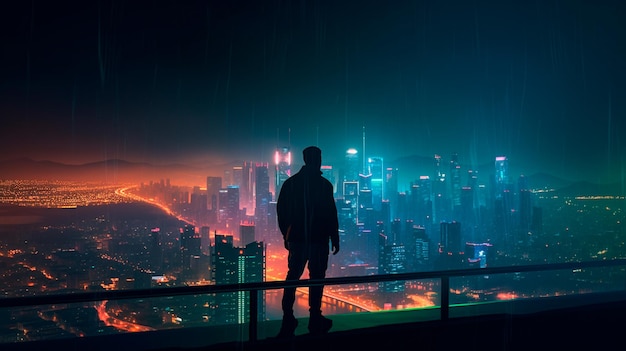 Sylwetka stojąca na krawędzi wieżowca, z widokiem na jasne neonowe miasto nocą Generacyjna sztuczna inteligencja