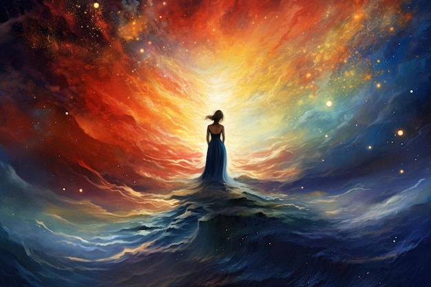 Sylwetka stojąca na skraju fantastycznego krajobrazu z surrealistycznym niebem Samotna kobieta patrząca na jasne kolorowe niebo z kosmicznym tłem Śniąca osoba
